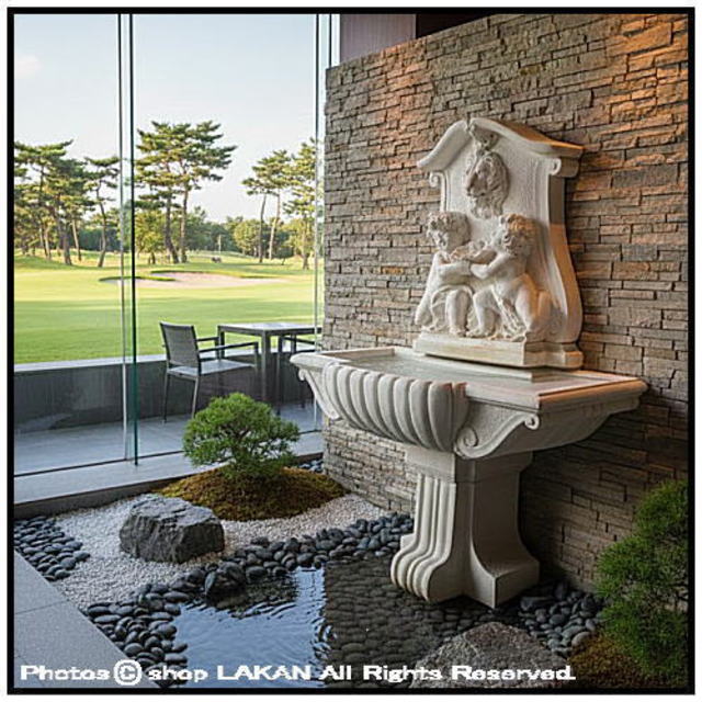 石造 イタリア ライオンと子供の壁泉 